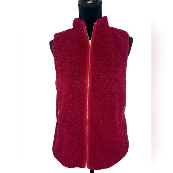 J.CREW MERCANTILE SHERPA TEDDY VEST RED MAROON GOLD ZIPPERS WOMENS SIZE M - Picture 1 of 4